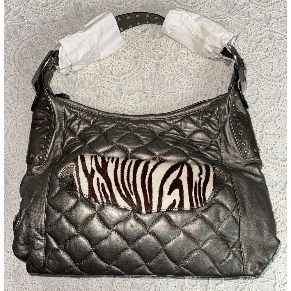 NEW Carlos Falchi Chi Purse Quilted Metallic Zebra Calf Hair Hobo Shoulder Bag - Picture 2 of 13